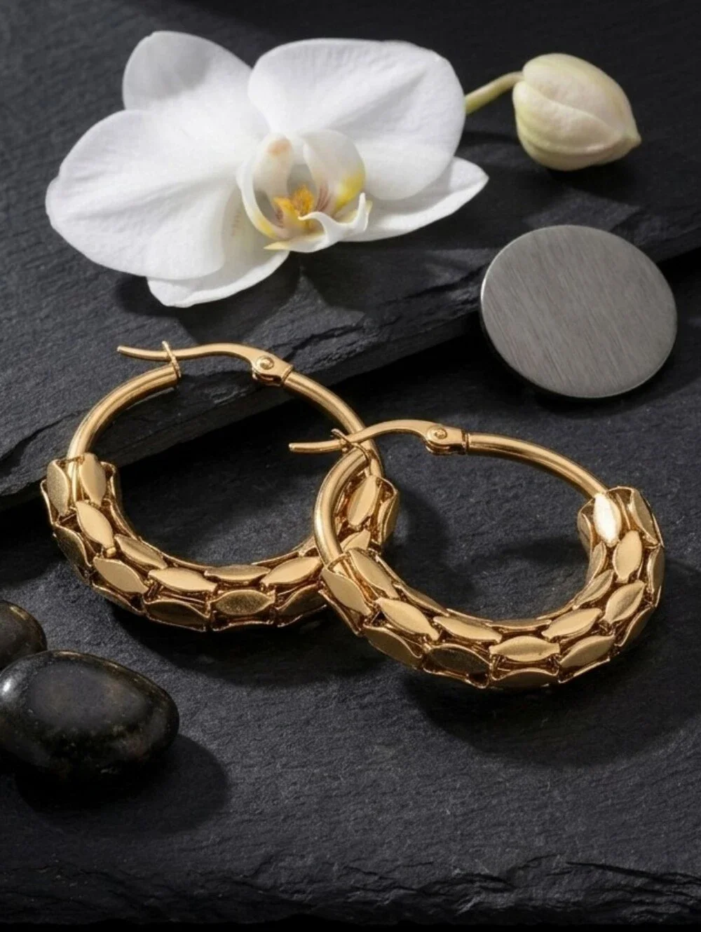 Textured Mesh Hoop Earrings 18K Gold Plated Stainless Steel Non-Tarnish Chunky